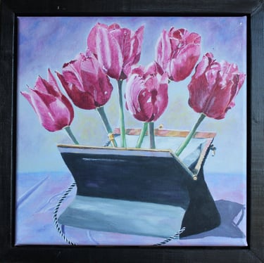 Tulips night out framed acrylic painting on canvas 12" x 12"