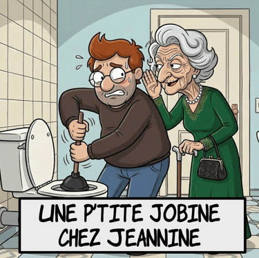 Dessin animé humoristique de plomberie montrant un homme stressé en train d'utiliser un débouchoir à