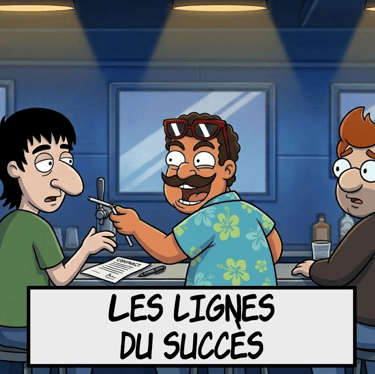 Dessin animé de personnages à un bar en train de discuter d'un contrat d'affaires, avec le texte sup