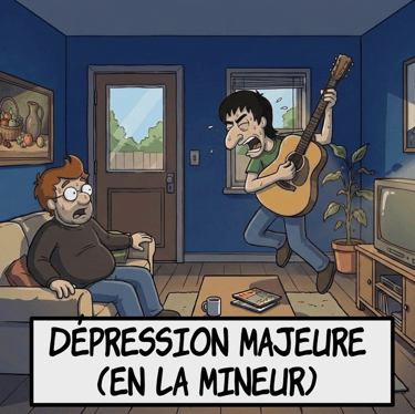 Dessin animé d'un homme qui joue intensément de la guitare acoustique sous le regard d'un ami, avec