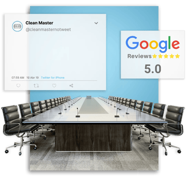sala de reuniões limpa e organizada ao lado de selo de avaliação 5 estrelas do google 