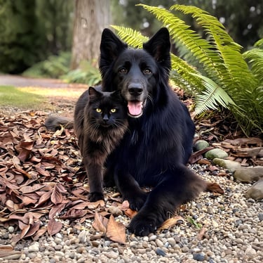 A long-haired black German Shepherd dog and a black cat sitting together in a garden with ferns and autumn leaves.
