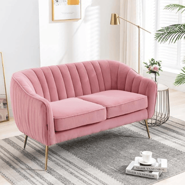 pink velvet sofa with seating for two people