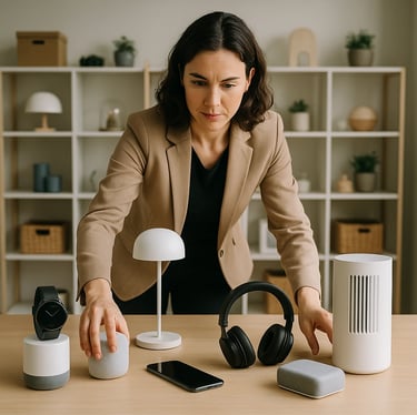 a woman in a suit and headphones is holding a smart device