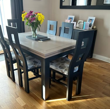 Dining table, chairs, sideboard and mirror frame custom painted in Fusion Mineral Paint -Ash