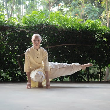 a girl is doing angamardana which very helpful for stress