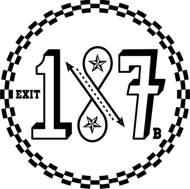 Black and white circular logo featuring Exit 187 with a checkered border and stylized graphic icons.