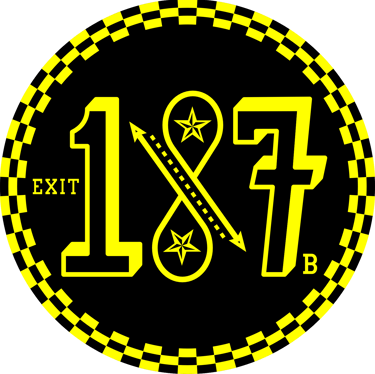 Yellow Exit 187 B graphic with stars and a checkered circle border on a black background.