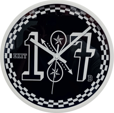 Custom wall clock with checkered border, white number 187, stars, and exit sign graphics.