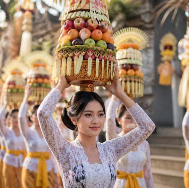 Balinese woman in traditional kebaya carries a towering fruit offering on her head during a Hindu temple ceremony in Bali.