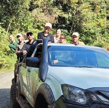 Tour group riding on a 4x4 truck through the rainforest during a Deramakot wildlife adventure