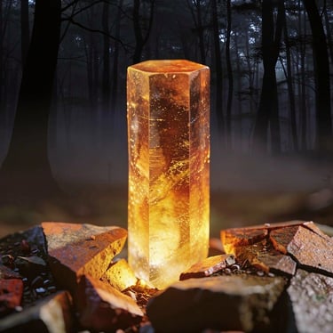 A glowing hexagonal amber crystal pillar stands atop stones in a dark, misty forest.