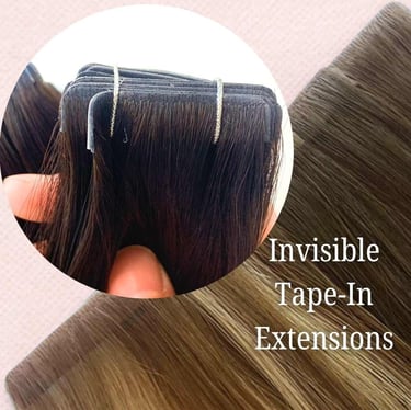 Professional invisible tape-in human hair extensions in a natural dark brown shade.