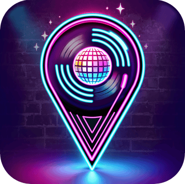 the Dance Unites Us app logo that shows a location pin with neon light and an LP with a globe in its middle