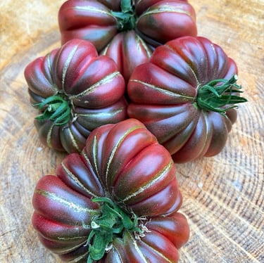 Zapotec Brown Flesh tomato – ribbed heirloom variety with rich, sweet flavour and deep reddish-brown flesh