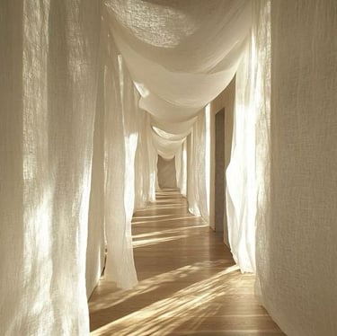 a long hallway with curtains marketing office