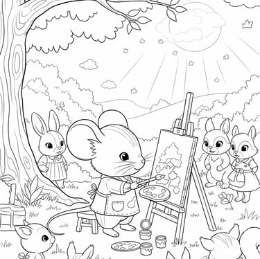 alt="Souris qui peint sur un chevalet en plein air avec un paysage derrière elle, dessin à colorier"