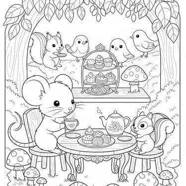 alt="Souris prenant le thé avec d’autres animaux dans un jardin, scène amicale à colorier"