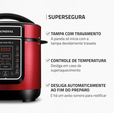 Panela De Pressão Elétrica Digital 3L, Mondial, Vermelho/Inox, 700W, 110V - PE-41