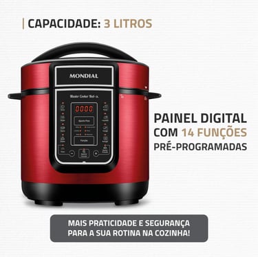 Panela De Pressão Elétrica Digital 3L, Mondial, Vermelho/Inox, 700W, 110V - PE-41