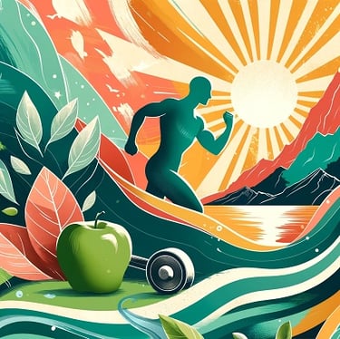 An image of a human figure running in the sunlight with an apple in the foreground