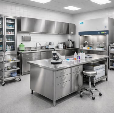 Mesas de procedimiento, mesones de laboratorio, repisas y pozuelos clínicos en acero inoxidable 316