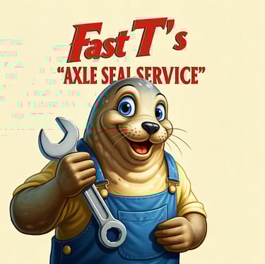 Fast T's Axle Seal Service with an ocean Seal in overalls holding a monkey wrench