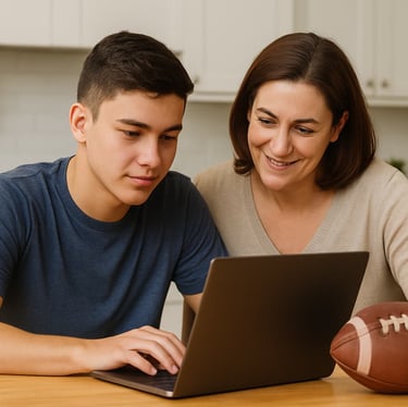 ifb-rookie-package-Mother assist student-athlete w/ recruiting letter to college coaches on laptop 