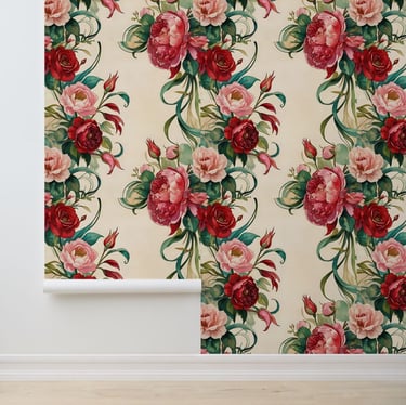 Romantic Vintage Floral Red Pink Rose Removable Wallpaper