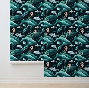 Oceanic Dolphins & Seahorses Peel and Stick Wallpaper