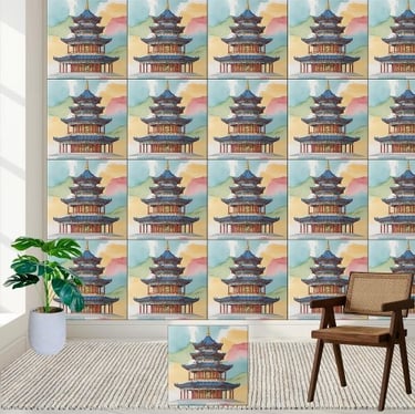 Elegant Chinoiserie Pagoda Temple Watercolor Tile
