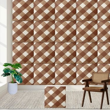 Stylish Brown and White Checkered Wood Grain Tile