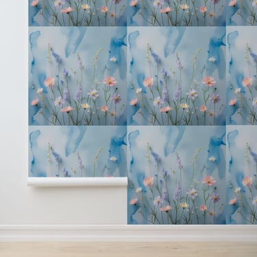 Soft Pastel Wildflower Blue Sky Peel and Stick Wallpaper