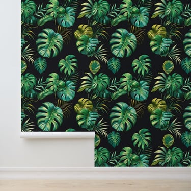 Dark Botanical Monstera Palm Peel and Stick Wallpaper