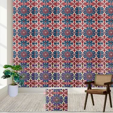 Scandinavian Floral Tile Pattern in Red and Blue