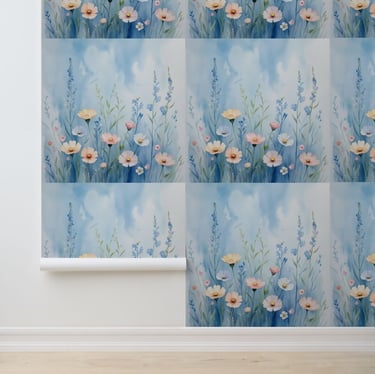 Soft Blue & Pastel Floral Mural Peel and Stick Wallpaper