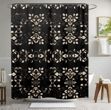 Black and Cream Shower Curtain With Flowers