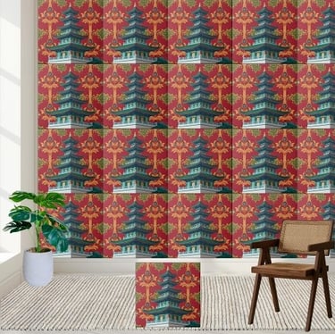 Traditional Asian Pagoda Decorative Tile