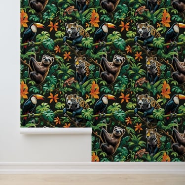 Enchanting Jungle Sloth Toucan Jaguar Removable Wallpaper