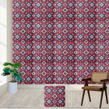 Red Blue White Scandinavian Floral Tile Pattern