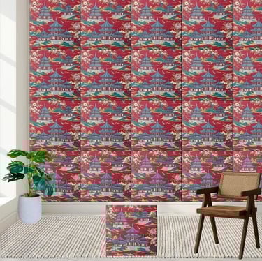 Elegant Chinoiserie Pagoda and Floral Pattern Tile
