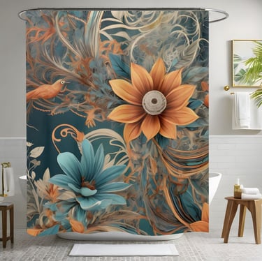 Teal Boho Flower Shower Curtain Style 2