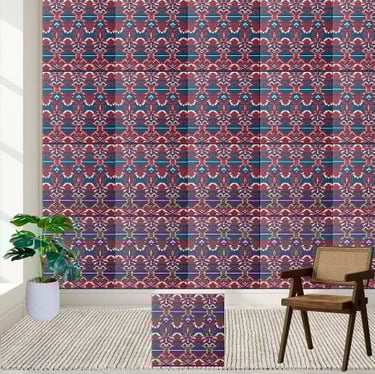 Bold Red and Blue Scandinavian Tribal Pattern Tile