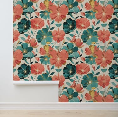 Teal and Coral Bloom Gold Accent Modern Floral Wallpaper