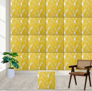 Geometric Yellow and White Line Pattern Ceramic Tile