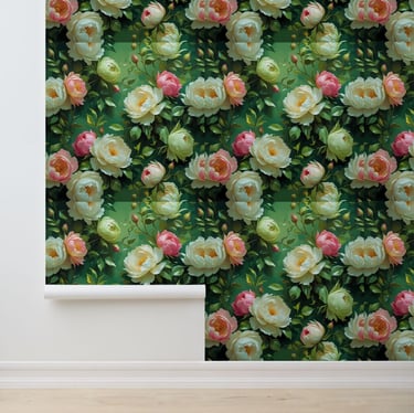 Peonies & Roses Green Floral Peel and Stick Wallpaper