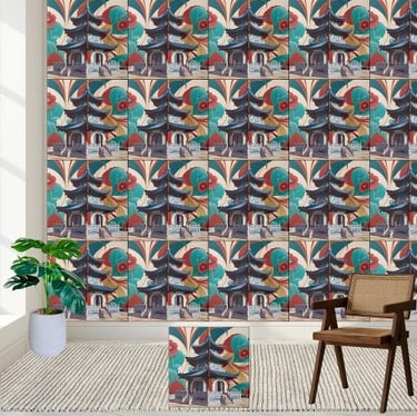 Asian-Inspired Floral Art Chinoiserie Pagoda Tile