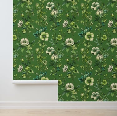 Natural Green and White Floral Peel and Stick Wallpaper
