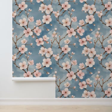 Peel and Stick Cherry Blossom Watercolor Blue Wallpaper