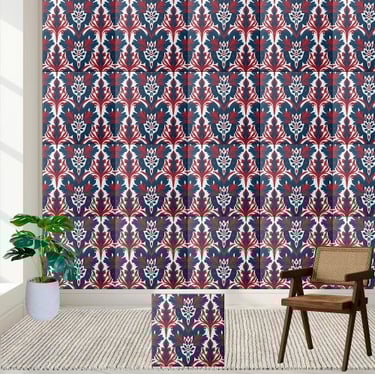 Scandinavian Damask Tile in Red and Blue